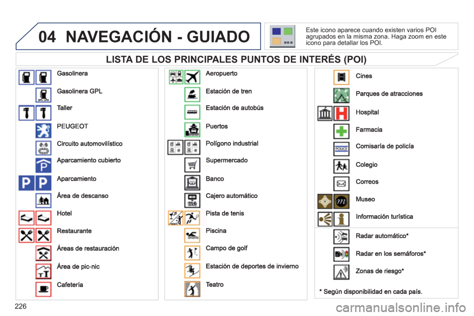 Peugeot 3008 Hybrid 4 2012 Manual del propietario (in Spanish) 226
04NAVEGACIÓN - GUIADO
LISTA DE LOS PRINCIPALES PUNTOS DE INTERÉS (POI)
Este icono aparece cuando existen varios POI
agrupados en la misma zona. Haga zoom en este
icono para detallar los Peugeot 3008 Hybrid 4 2012 Manual del propietario (in Spanish) 226
04NAVEGACIÓN - GUIADO
LISTA DE LOS PRINCIPALES PUNTOS DE INTERÉS (POI)
Este icono aparece cuando existen varios POI
agrupados en la misma zona. Haga zoom en este
icono para detallar los