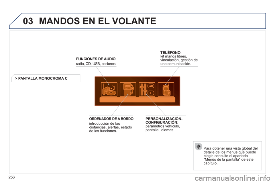 Peugeot 3008 Hybrid 4 2012  Manual del propietario (in Spanish) 256
03  MANDOS EN EL VOLANTE 
FUNCIONES DE AUDIO:
radio, CD, USB, opciones.  
> PANTALLA MONOCROMA C
Para obtener una vista 
global del
detalle de los menús que puede 
elegir, consulte el apartado
"M
