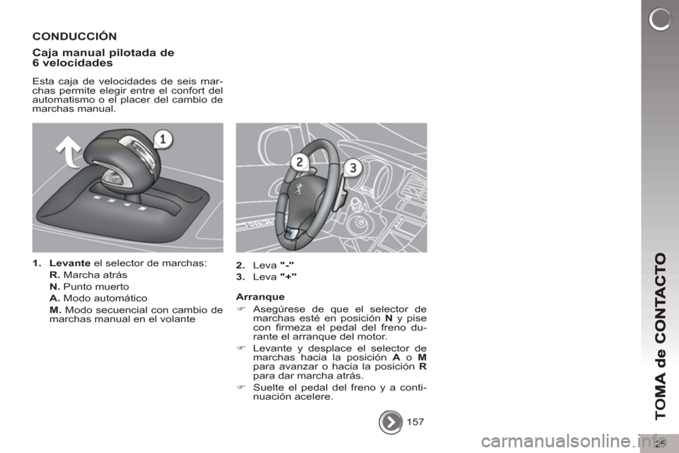 Peugeot 3008 Hybrid 4 2012  Manual del propietario (in Spanish) 25
TO
M
  157  
 
CONDUCCIÓN
Ca
ja manual pilotada de
6 velocidades
   
Esta caja de velocidades de seis mar-
chas permite elegir entre el confort del 
automatismo o el placer del cambio de 
marchas 