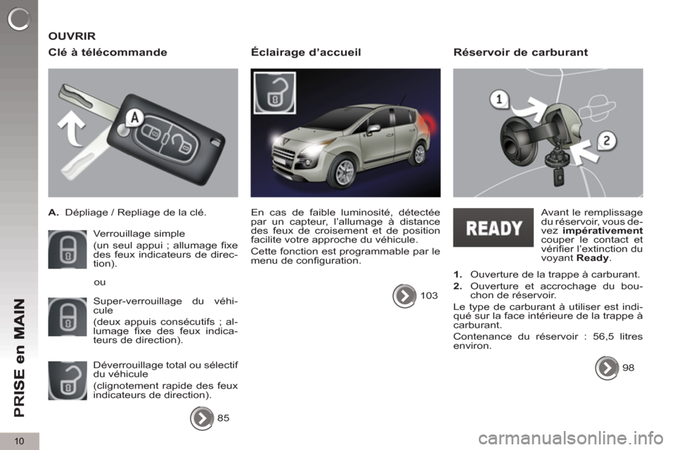 Peugeot 3008 Hybrid 4 2012  Manuel du propriétaire (in French) 10
PR
I
  OUVRIR
   
Clé à télécommande 
 
 
 
 
A. 
  Dépliage / Repliage de la clé.  
  Verrouillage simple  
(un seul appui ; allumage ﬁ xe 
des feux indicateurs de direc-
tion). 
  Super-v