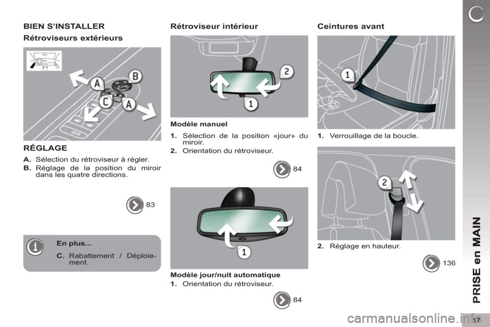 Peugeot 3008 Hybrid 4 2012  Manuel du propriétaire (in French) PR
I
BIEN S’INSTALLER 
Rétroviseurs extérieurs 
RÉGLAGE
   
A. 
  Sélection du rétroviseur à régler. 
   
B. 
  Réglage de la position du miroir 
dans les quatre directions. 
  83  
 
 
Rét
