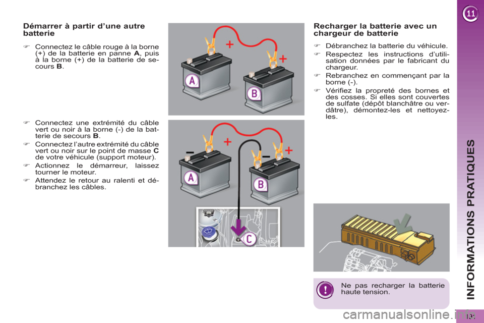Peugeot 3008 Hybrid 4 2012  Manuel du propriétaire (in French) INFORMATIONS PRATIQUES
191
   
Recharger la batterie avec un 
chargeur de batterie 
   
 
�) 
  Débranchez la batterie du véhicule. 
   
�) 
 Respectez les instructions d’utili-
sation données pa