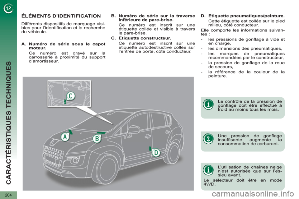 Peugeot 3008 Hybrid 4 2012  Manuel du propriétaire (in French) CARACTÉRISTIQUES TECHNIQUES
204
ÉLÉMENTS D’IDENTIFICATION 
  Différents dispositifs de marquage visi-
bles pour l’identiﬁ cation et la recherche 
du véhicule.  
   
Une pression de gonﬂ a