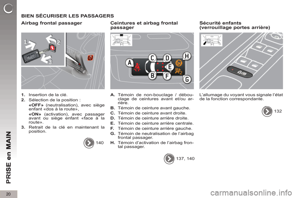 Peugeot 3008 Hybrid 4 2012  Manuel du propriétaire (in French) 20
PR
I
  BIEN SÉCURISER LES PASSAGERS 
   
Airba
g frontal passager 
 
 
 
1. 
  Insertion de la clé. 
   
2. 
  Sélection de la position :  
  «OFF» 
 (neutralisation), avec siège 
enfant «do