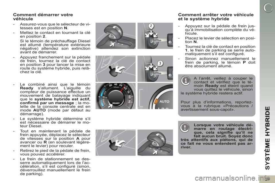 Peugeot 3008 Hybrid 4 2012 Manuel du propriétaire (in French) SY
S
29
Comment démarrer votre
véhicule
- Assurez-vous que le sélecteur de vi-
tesses est en position N
.
- Mettez le contact en tournant la clé
en position 2
.
Si le tém Peugeot 3008 Hybrid 4 2012 Manuel du propriétaire (in French) SY
S
29
Comment démarrer votre
véhicule
- Assurez-vous que le sélecteur de vi-
tesses est en position N
.
- Mettez le contact en tournant la clé
en position 2
.
Si le tém