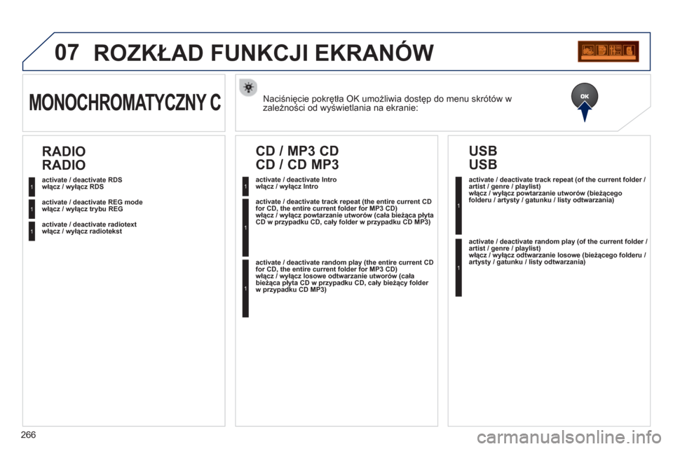 Peugeot 3008 Hybrid 4 2012  Instrukcja Obsługi (in Polish) 266
07
Naciśnięcie pokrętła OK umożliwia dostęp do menu skrótów w 
zależności od wyświetlania na ekranie: MONOCHROMATYCZNY C 
włącz / wyłącz RDS
włącz / wyłącz trybu REG
włącz / w