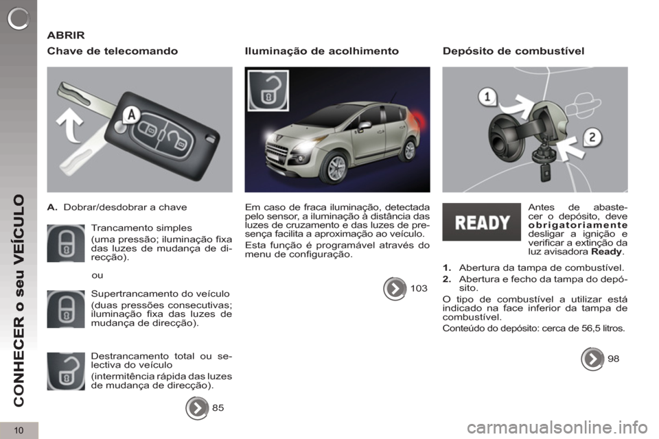 Peugeot 3008 Hybrid 4 2012  Manual do proprietário (in Portuguese) 10
CO
 ABRIR
   
Chave de telecomando 
 
 
 
 
A. 
  Dobrar/desdobrar a chave  
  Trancamento simples  
(uma pressão; iluminação ﬁ xa 
das luzes de mudança de di-
recção). 
  Supertrancamento 