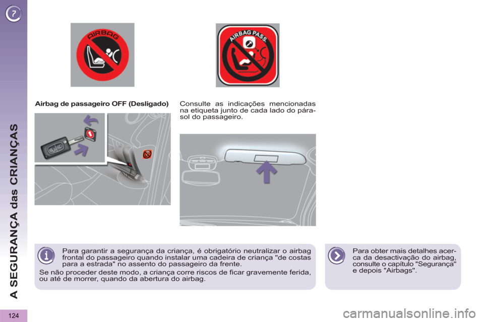 Peugeot 3008 Hybrid 4 2012  Manual do proprietário (in Portuguese) A SEGURANÇA das CRIANÇAS
124
   
 
Airbag de passageiro OFF (Desligado)  
   
Para obter mais detalhes acer-
ca da desactivação do airbag, 
consulte o capítulo "Segurança" e depois "Airbags".   