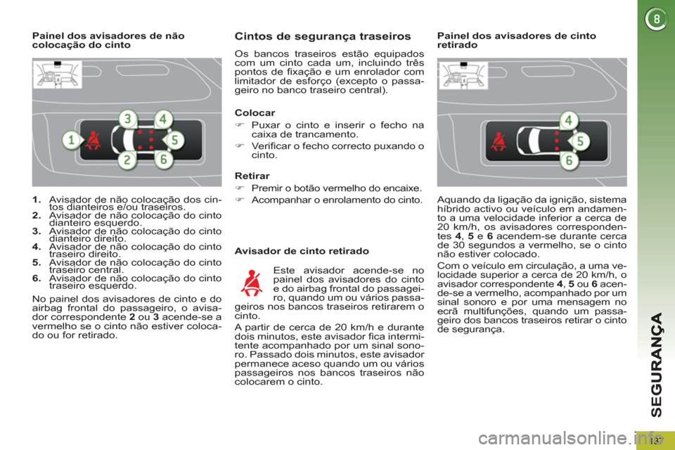 Peugeot 3008 Hybrid 4 2012  Manual do proprietário (in Portuguese) SE
G
137
   
 
1. 
  Avisador de não colocação dos cin-
tos dianteiros e/ou traseiros. 
   
2. 
  Avisador de não colocação do cinto 
dianteiro esquerdo. 
   
3. 
  Avisador de não colocação 