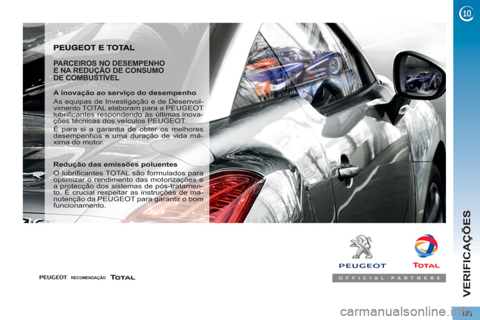 Peugeot 3008 Hybrid 4 2012  Manual do proprietário (in Portuguese) VERIFICAÇÕES
163
   
PARCEIROS NO DESEMPENHO 
E NA REDUÇÃO DE CONSUMO 
DE COMBUSTÍVEL 
   
A inovação ao serviço do desempenho 
  As equipas de Investigação e de Desenvol-
vimento TOTAL elab