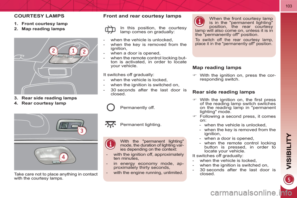 Peugeot 3008 Hybrid 4 2011 Owners Manual 103
COURTESY LAMPS
1.
Front courtesy lamp
2.
Map reading lamps
3.
Rear side reading lamps
4.
Rear courtesy lamp
Front and rear courtesy lamps
In this Peugeot 3008 Hybrid 4 2011 Owners Manual 103
COURTESY LAMPS
1.
Front courtesy lamp
2.
Map reading lamps
3.
Rear side reading lamps
4.
Rear courtesy lamp
Front and rear courtesy lamps
In this