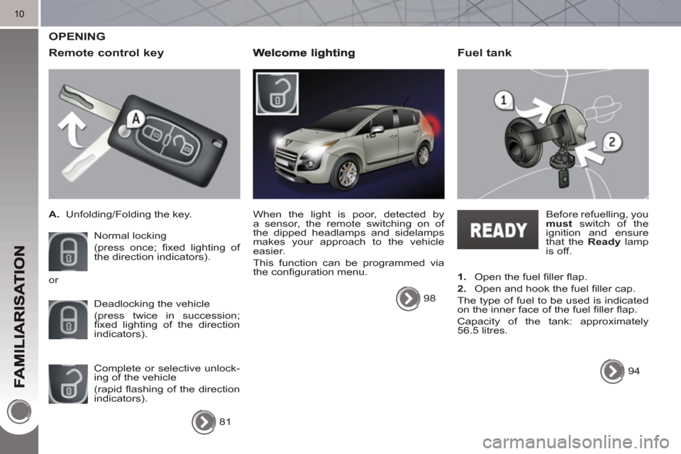Peugeot 3008 Hybrid 4 2011  Owners Manual 10
  OPENING 
   
Remote control ke
y
 
 
 
A. 
  Unfolding/Folding the key.  
  Normal locking  
(press once; ﬁ xed lighting of 
the direction indicators). 
  Deadlocking the vehicle  
(press twice