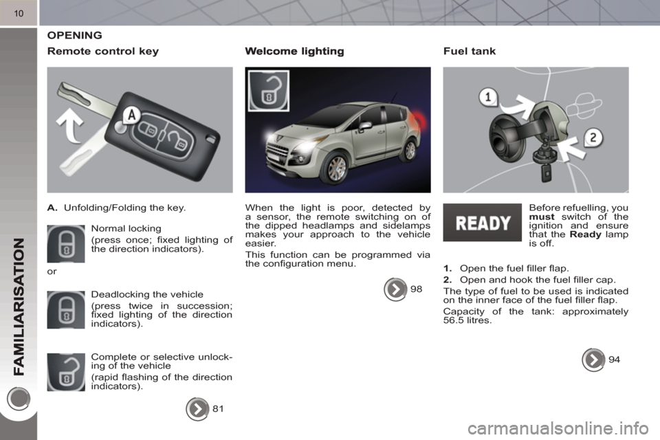 Peugeot 3008 Hybrid 4 2011 Owners Manual 10
OPENING
Remote control ke
y
A.
Unfolding/Folding the key.
Normal locking
(press once; fi xed lighting of
the direction indicators).
Deadlocking the vehicle
(press twice Peugeot 3008 Hybrid 4 2011 Owners Manual 10
OPENING
Remote control ke
y
A.
Unfolding/Folding the key.
Normal locking
(press once; fi xed lighting of
the direction indicators).
Deadlocking the vehicle
(press twice