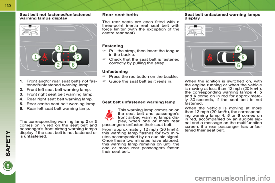 Peugeot 3008 Hybrid 4 2011  Owners Manual 130
   
 
1. 
  Front and/or rear seat belts not fas-
tened/unfastened warning lamp. 
   
2. 
  Front left seat belt warning lamp. 
   
3. 
  Front right seat belt warning lamp. 
   
4. 
  Rear right 