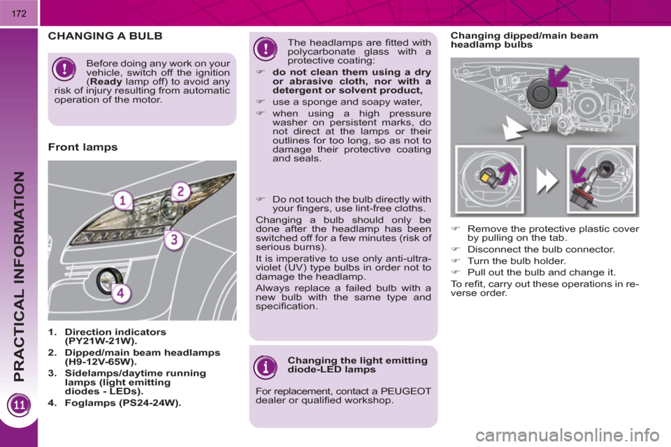 Peugeot 3008 Hybrid 4 2011  Owners Manual PRACTICAL INFORMATION
172
   
 
 
 
 
 
 
Changing dipped/main beam 
headlamp bulbs 
   
 
�) 
  Remove the protective plastic cover 
by pulling on the tab. 
   
�) 
  Disconnect the bulb connector. 
