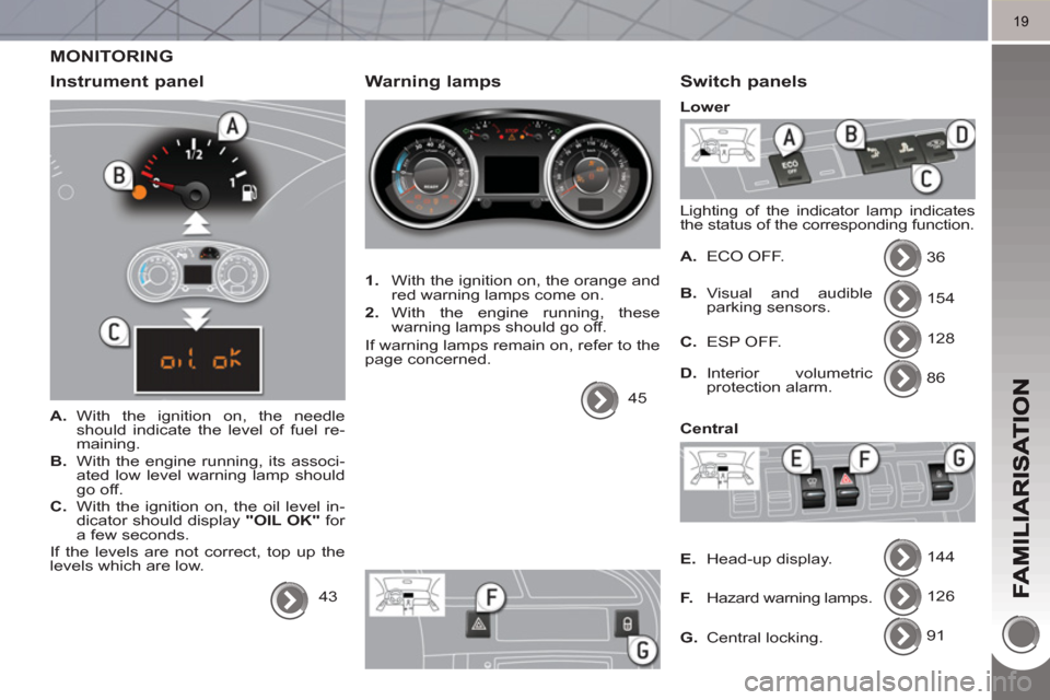 Peugeot 3008 Hybrid 4 2011  Owners Manual 19
MONITORING
Instrument 
panel 
   
 
A. 
 With the ignition on, the needle 
should indicate the level of fuel re-
maining. 
   
B. 
  With the engine running, its associ-
ated low level warning lamp