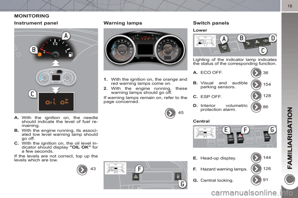 Peugeot 3008 Hybrid 4 2011  Owners Manual 19
MONITORING
Instrument 
panel 
   
 
A. 
 With the ignition on, the needle 
should indicate the level of fuel re-
maining. 
   
B. 
  With the engine running, its associ-
ated low level warning lamp