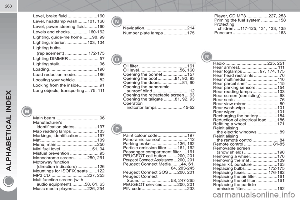 Peugeot 3008 Hybrid 4 2011  Owners Manual ALPHABETICAL INDEX
268
Main beam ....................................96
Manufacturers 
identiﬁ cation plates ..................197
Map reading lamps .....................103
Markings, identiﬁ cat