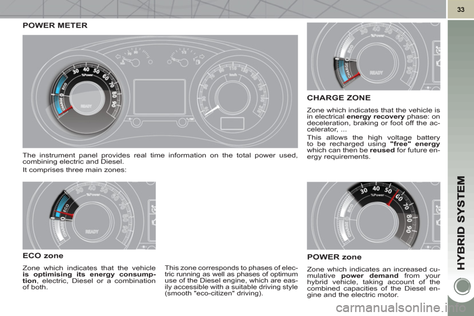 Peugeot 3008 Hybrid 4 2011  Owners Manual POWER METER
  The instrument panel provides real time information on the total power used, 
combining electric and Diesel. 
  It comprises three main zones: 
ECO zone
 
Zone which indicates that the v