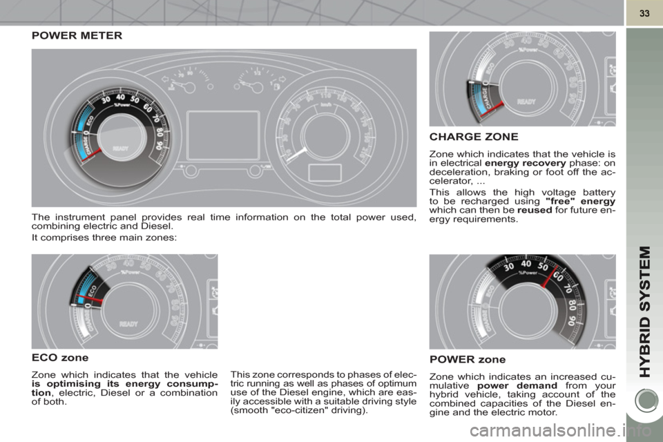 Peugeot 3008 Hybrid 4 2011  Owners Manual POWER METER
  The instrument panel provides real time information on the total power used, 
combining electric and Diesel. 
  It comprises three main zones: 
ECO zone
 
Zone which indicates that the v