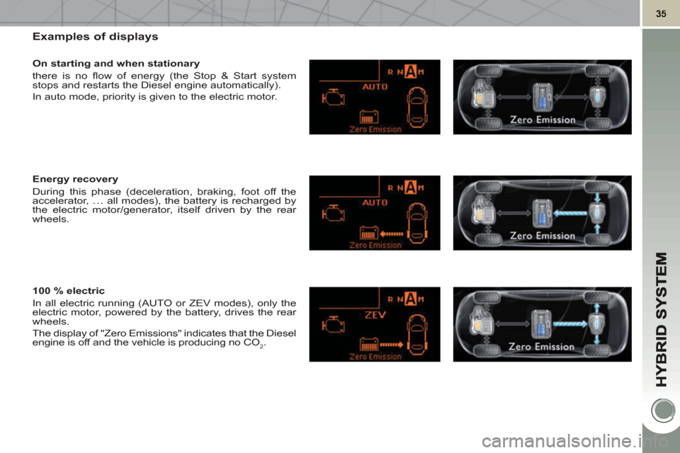 Peugeot 3008 Hybrid 4 2011 Owners Guide Examples of displays
   
On starting and when stationary 
  there is no ﬂ ow of energy (the Stop & Start system 
stops and restarts the Diesel engine automatically). 
  In auto mode, priority is giv