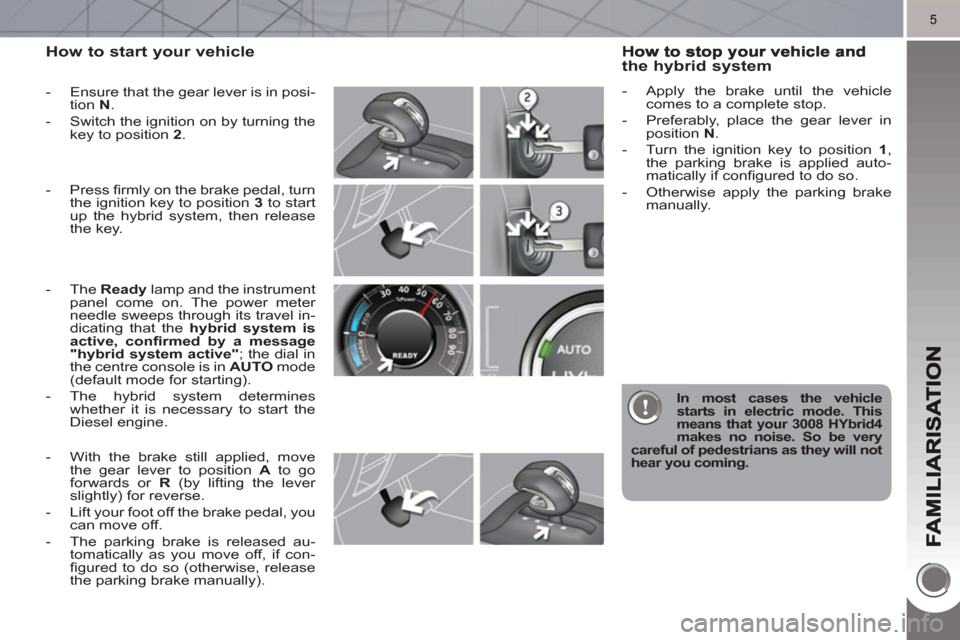Peugeot 3008 Hybrid 4 2011  Owners Manual 5
How to start your vehicle 
   
 
-   Ensure that the gear lever is in posi-
tion  N 
. 
   
-   Switch the ignition on by turning the 
key to position  2 
. 
   
 
-  The  Ready 
 lamp and the instr