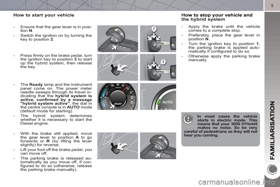 Peugeot 3008 Hybrid 4 2011 Owners Manual 5
How to start your vehicle
- Ensure that the gear lever is in posi-
tion N
.
- Switch the ignition on by turning the
key to position 2
.
- The Ready
lamp and the instr Peugeot 3008 Hybrid 4 2011 Owners Manual 5
How to start your vehicle
- Ensure that the gear lever is in posi-
tion N
.
- Switch the ignition on by turning the
key to position 2
.
- The Ready
lamp and the instr