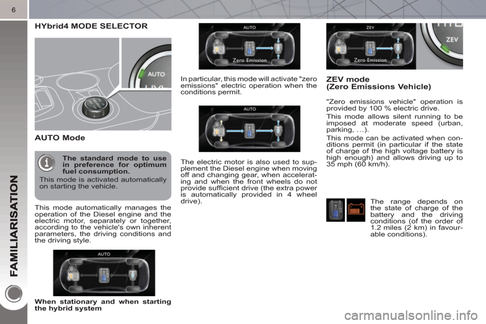 Peugeot 3008 Hybrid 4 2011 Owners Manual 6
HYbrid4 MODE SELECTOR
AUTO Mode
"Zero emissions vehicle" operation is
provided by 100 % electric drive.
This mode allows silent running to be
imposed at moderate speed (urban,
parking, Peugeot 3008 Hybrid 4 2011 Owners Manual 6
HYbrid4 MODE SELECTOR
AUTO Mode
"Zero emissions vehicle" operation is
provided by 100 % electric drive.
This mode allows silent running to be
imposed at moderate speed (urban,
parking,