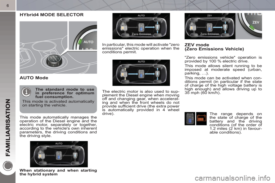 Peugeot 3008 Hybrid 4 2011  Owners Manual 6
HYbrid4 MODE SELECTOR
   
AUTO Mode
 
 
"Zero emissions vehicle" operation is 
provided by 100 % electric drive. 
  This mode allows silent running to be 
imposed at moderate speed (urban, 
parking,