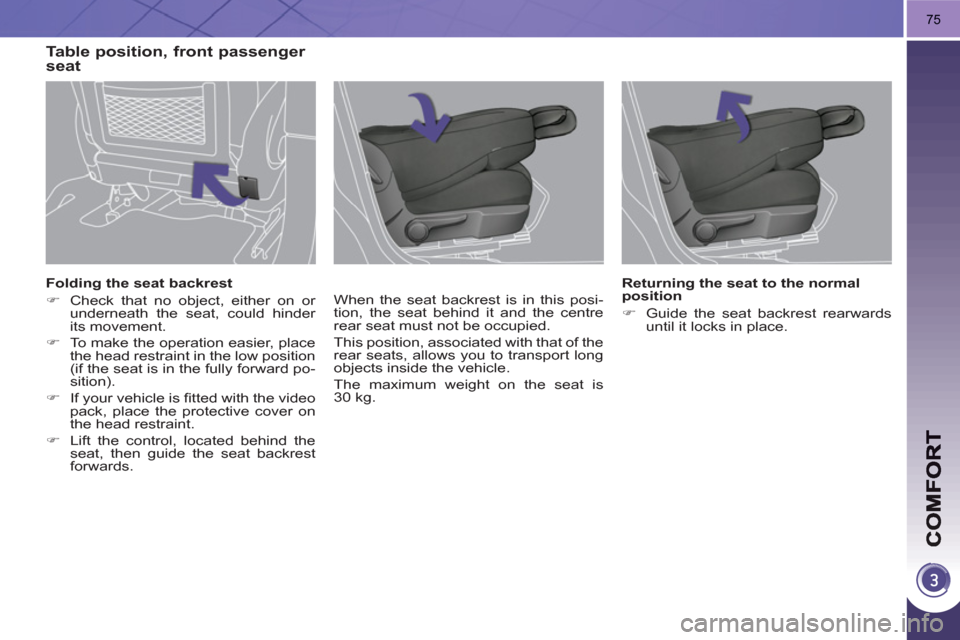 Peugeot 3008 Hybrid 4 2011 Manual PDF 75
   
Folding the seat backrest 
   
 
�) 
  Check that no object, either on or 
underneath the seat, could hinder 
its movement. 
   
�) 
  To make the operation easier, place 
the head restraint in