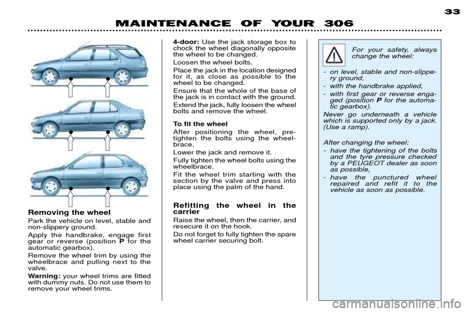 Peugeot 306 Break 2002 Owners Manual MAINTENANCE OF YOUR 30633
For your safety, always change the wheel:
- on level, stabIe and non-slippe- ry ground,
- with the handbrake applied,
- with first gear or reverse enga- ged (position Pf Peugeot 306 Break 2002 Owners Manual MAINTENANCE OF YOUR 30633
For your safety, always change the wheel:
- on level, stabIe and non-slippe- ry ground,
- with the handbrake applied,
- with first gear or reverse enga- ged (position Pf