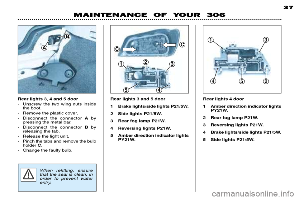 Peugeot 306 Break 2002 Owners Manual MAINTENANCE OF YOUR 30637
Rear lights 3 and 5 door
1 Brake lights/side lights P21/5W.
2 Side lights P21/5W.
3 Rear fog lamp P21W.
4 Reversing lights P21W.
5 Amber direction indicator lights PY21W. Peugeot 306 Break 2002 Owners Manual MAINTENANCE OF YOUR 30637
Rear lights 3 and 5 door
1 Brake lights/side lights P21/5W.
2 Side lights P21/5W.
3 Rear fog lamp P21W.
4 Reversing lights P21W.
5 Amber direction indicator lights PY21W.