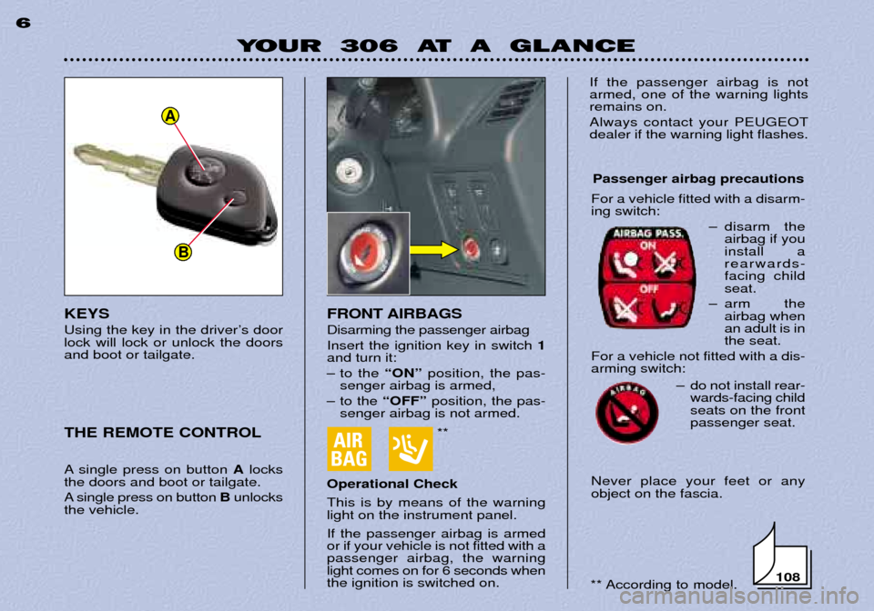 Peugeot 306 Break 2002  Owners Manual YOUR  306  AT  A  GLANCE
6
FRONT AIRBAGS Disarming the passenger airbag Insert the ignition key in switch 1
and turn it: 
Ð to the  ÒONÓposition, the pas-
senger airbag is armed,
Ð to the  ÒOFFÓ