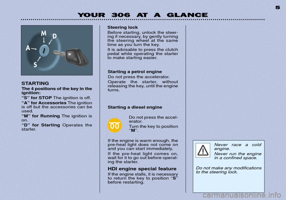 Peugeot 306 Break 2002  Owners Manual YOUR  306  AT  A  GLANCE5
STARTING The 4 positions of the key in the ignition: 
ÒSÓ for STOP
The ignition is off.
ÒAÓ for Accessories The ignition
is off but the accessories can be used. ÒMÓ for