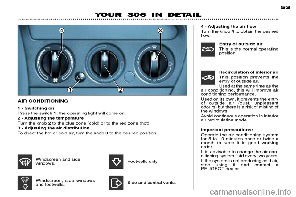 Peugeot 306 Break 2002  Owners Manual 53
1 - Switching on Press the switch 1, the operating light will come on.
2 - Adjusting the temperature 
Turn the knob  2to the blue zone (cold) or to the red zone (hot).
3 - Adjusting the air distrib