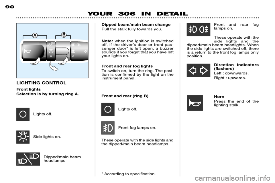 Peugeot 306 Break 2002  Owners Manual 90
YOUR  306  IN  DETAIL
LIGHTING CONTROL Front lights 
Selection is by turning ring A.* According to specification.
Lights off. Side lights on.
Dipped/main beam headlamps
Dipped beam/main beam change