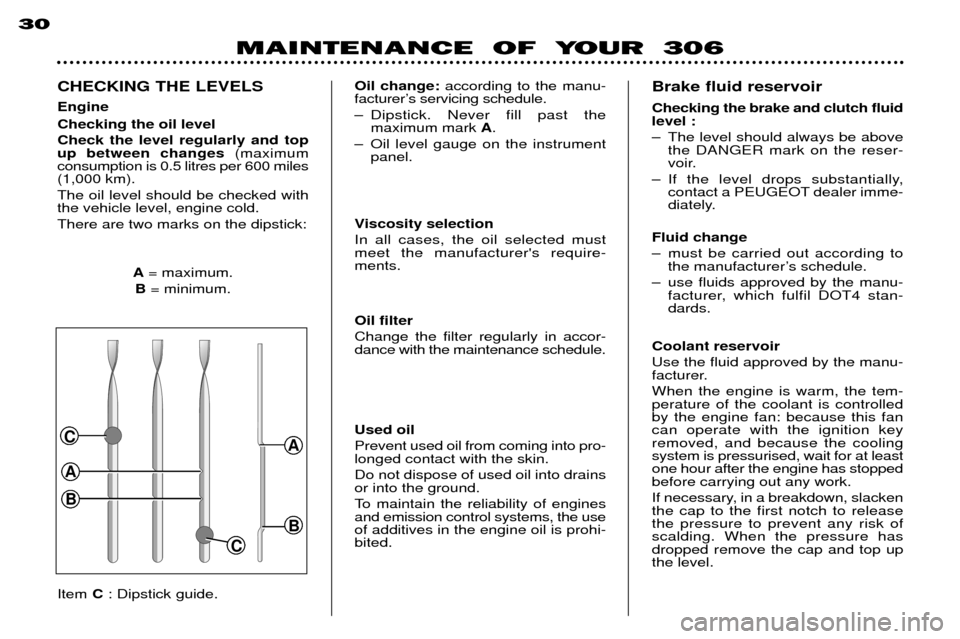 Peugeot 306 Break 2002  Owners Manual MAINTENANCE  OF  YOUR  306
30
CHECKING THE LEVELS Engine Checking the oil level Check the level regularly and top up between changes
(maximum
consumption is 0.5 litres per 600 miles(1,000 km). The oil