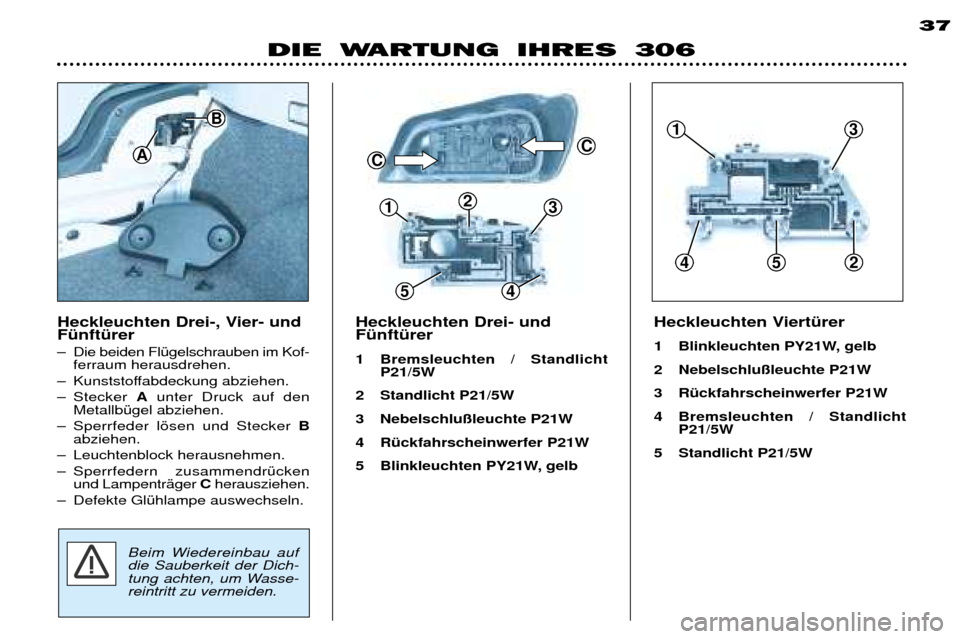 Peugeot 306 Break 2002  Betriebsanleitung (in German) DIE WARTUNG IHRES 30637
Heckleuchten Drei- und FŸnftŸrer  
1 Bremsleuchten / Standlicht P21/5W
2 Standlicht P21/5W  
3 Nebelschlu§leuchte P21W
4 RŸckfahrscheinwerfer P21W
5 Blinkleuchten PY21W, ge
