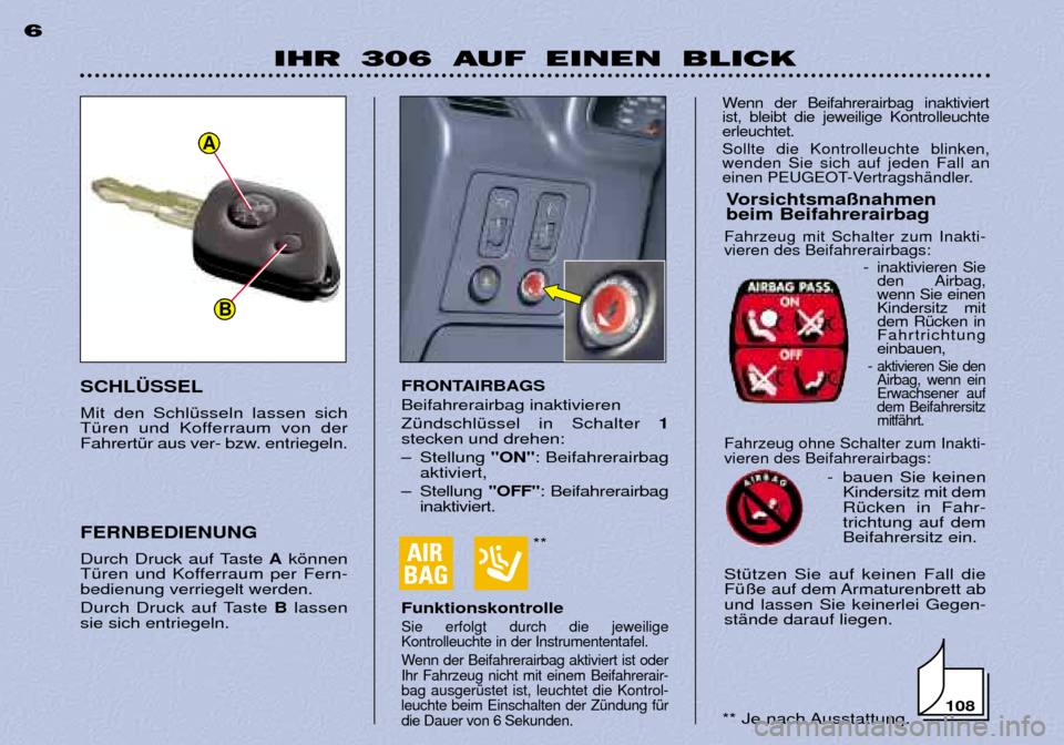 Peugeot 306 Break 2002 Betriebsanleitung (in German) **
IHR 306 AUF EINEN BLICK
6
FRONTAIRBAGS Beifahrerairbag inaktivierenZŸndschlŸssel in Schalter 1
stecken und drehen:
Ð Stellung "ON": Beifahrerairbag
aktiviert,
Ð Stellung "OFF": Beifahrerairb Peugeot 306 Break 2002 Betriebsanleitung (in German) **
IHR 306 AUF EINEN BLICK
6
FRONTAIRBAGS Beifahrerairbag inaktivierenZŸndschlŸssel in Schalter 1
stecken und drehen:
Ð Stellung "ON": Beifahrerairbag
aktiviert,
Ð Stellung "OFF": Beifahrerairb