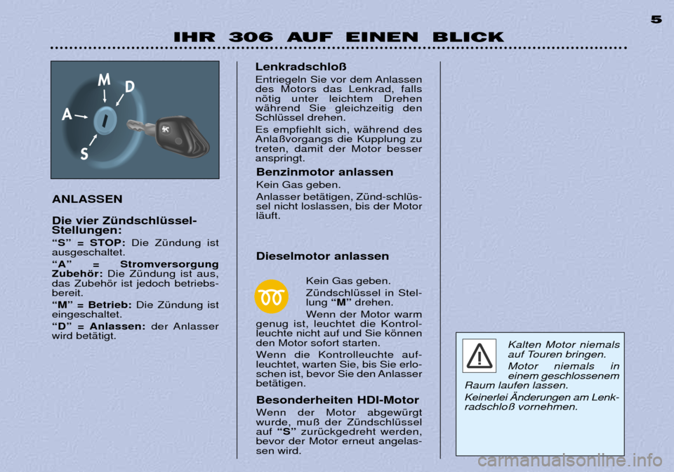 Peugeot 306 Break 2002 Betriebsanleitung (in German) IHR 306 AUF EINEN BLICK5
ANLASSEN Die vier ZŸndschlŸssel- Stellungen:
ÒSÓ = STOP: Die ZŸndung ist
ausgeschaltet. ÒAÓ = Stromversorgung Zubehšr: Die ZŸndung ist aus,
das Zubehšr ist jedoch Peugeot 306 Break 2002 Betriebsanleitung (in German) IHR 306 AUF EINEN BLICK5
ANLASSEN Die vier ZŸndschlŸssel- Stellungen:
ÒSÓ = STOP: Die ZŸndung ist
ausgeschaltet. ÒAÓ = Stromversorgung Zubehšr: Die ZŸndung ist aus,
das Zubehšr ist jedoch