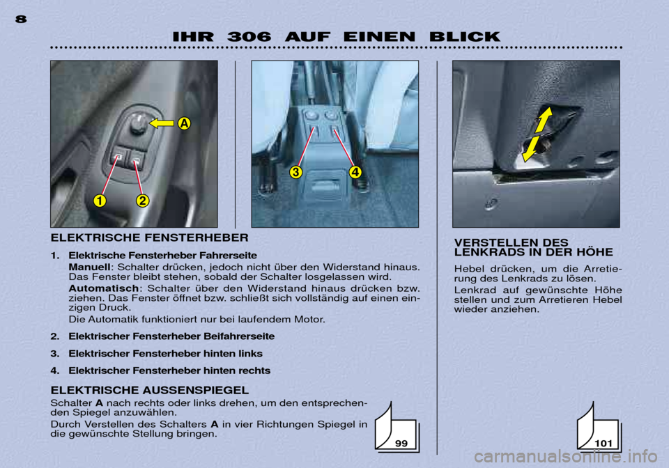Peugeot 306 Break 2002 Betriebsanleitung (in German) 12
34
A
ELEKTRISCHE FENSTERHEBER
1. Elektrische Fensterheber Fahrerseite Manuell : Schalter drŸcken, jedoch nicht Ÿber den Widerstand hinaus.
Das Fenster bleibt stehen, sobald der Schalter losgelas Peugeot 306 Break 2002 Betriebsanleitung (in German) 12
34
A
ELEKTRISCHE FENSTERHEBER
1. Elektrische Fensterheber Fahrerseite Manuell : Schalter drŸcken, jedoch nicht Ÿber den Widerstand hinaus.
Das Fenster bleibt stehen, sobald der Schalter losgelas