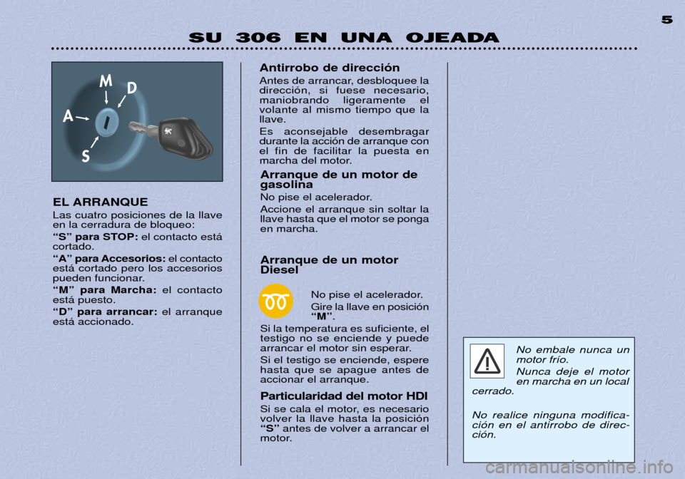 Peugeot 306 Break 2002  Manual del propietario (in Spanish) SU 306 EN UNA OJEADA5
EL ARRANQUE  Las cuatro posiciones de la llave en la cerradura de bloqueo: 
ÒSÓ para STOP: el contacto est‡
cortado.
ÒAÓ para Accesorios: el contacto
est‡ cortado pero lo