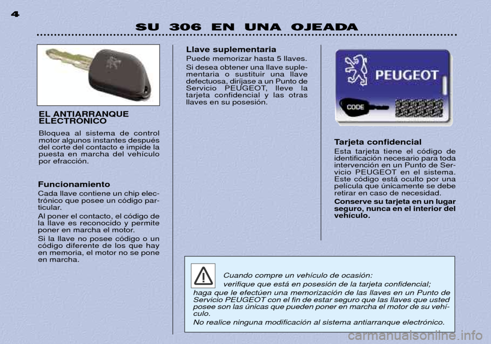 Peugeot 306 Break 2002 Manual del propietario (in Spanish) SU 306 EN UNA OJEADA
4
Tarjeta confidencial Esta tarjeta tiene el c—digo de identificaci—n necesario para todaintervenci—n en un Punto de Ser-
vicio PEUGEOT en el sistema.Este c—digo est‡ oc Peugeot 306 Break 2002 Manual del propietario (in Spanish) SU 306 EN UNA OJEADA
4
Tarjeta confidencial Esta tarjeta tiene el c—digo de identificaci—n necesario para todaintervenci—n en un Punto de Ser-
vicio PEUGEOT en el sistema.Este c—digo est‡ oc