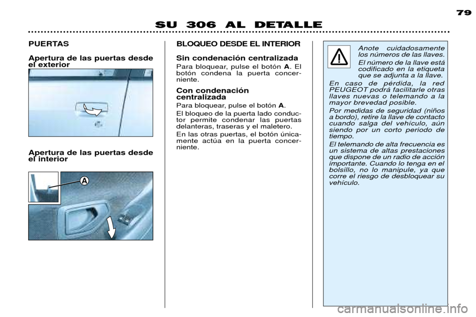 Peugeot 306 Break 2002  Manual del propietario (in Spanish) A
79
SU 306 AL DETALLE
PUERTAS Apertura de las puertas desde el exterior
Anote cuidadosamente los nœmeros de las llaves. El nœmero de la llave est‡ codificado en la etiquetaque se adjunta a la lla