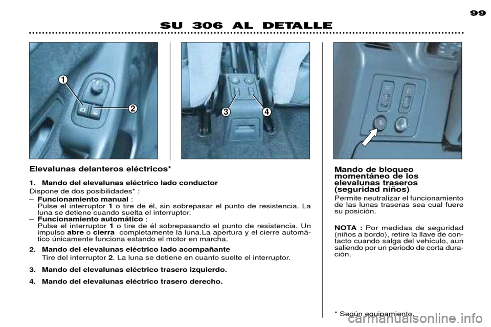 Peugeot 306 Break 2002  Manual del propietario (in Spanish) 1
234
99
SU 306 AL DETALLE
Elevalunas delanteros elŽctricos* 
1. Mando del elevalunas elŽctrico lado conductor Dispone de dos posibilidades* :ÐFuncionamiento manual :
Pulse el interruptor  1o tire 