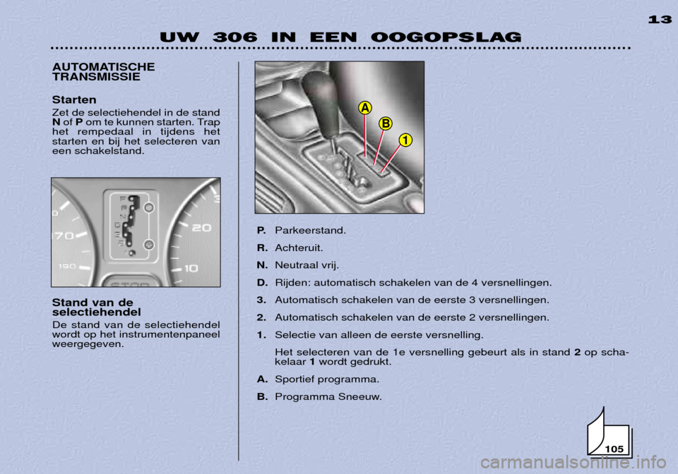 Peugeot 306 Break 2002  Handleiding (in Dutch) 1
B
A
UW 306 IN EEN OOGOPSLAG13
AUTOMATISCHE TRANSMISSIE
P.Parkeerstand.
R. Achteruit.
N. Neutraal vrij.
D. Rijden: automatisch schakelen van de 4 versnellingen.
3. Automatisch schakelen van de eerste