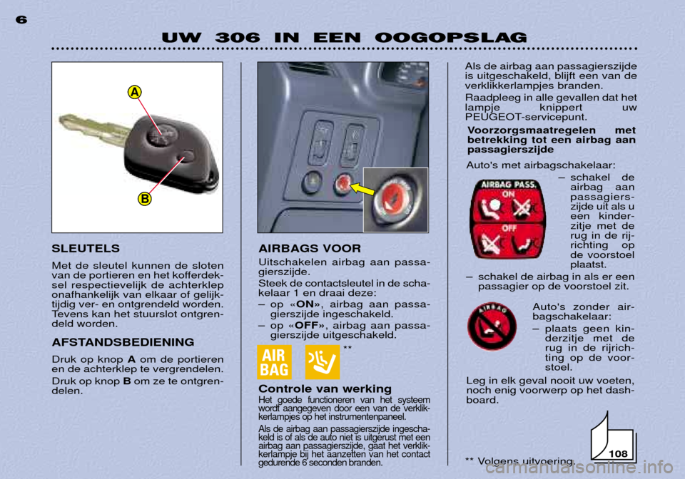 Peugeot 306 Break 2002 Handleiding (in Dutch) **
UW 306 IN EEN OOGOPSLAG
6
AIRBAGS VOOR Uitschakelen airbag aan passa- gierszijde. Steek de contactsleutel in de scha- kelaar 1 en draai deze:
Ð op ÇONÈ, airbag aan passa-
gierszijde ingeschakel Peugeot 306 Break 2002 Handleiding (in Dutch) **
UW 306 IN EEN OOGOPSLAG
6
AIRBAGS VOOR Uitschakelen airbag aan passa- gierszijde. Steek de contactsleutel in de scha- kelaar 1 en draai deze:
Ð op ÇONÈ, airbag aan passa-
gierszijde ingeschakel