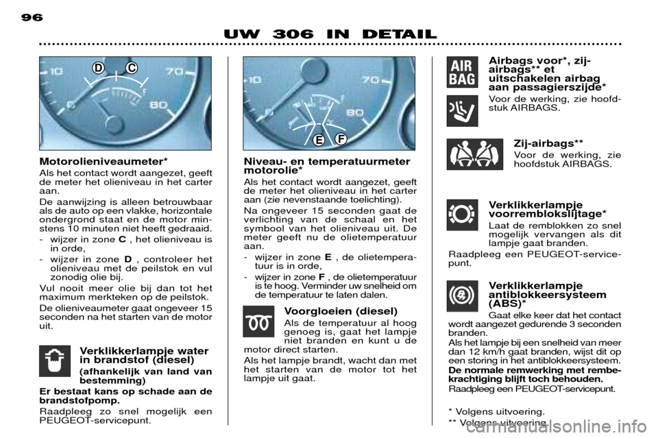 Peugeot 306 Break 2002  Handleiding (in Dutch) DC
EF
96
UW 306 IN DETAILVerklikkerlampje antiblokkeersysteem(ABS)* Gaat elke keer dat het contact
wordt aangezet gedurende 3 seconden branden. Als het lampje bij een snelheid van meer dan 12 km/h gaa