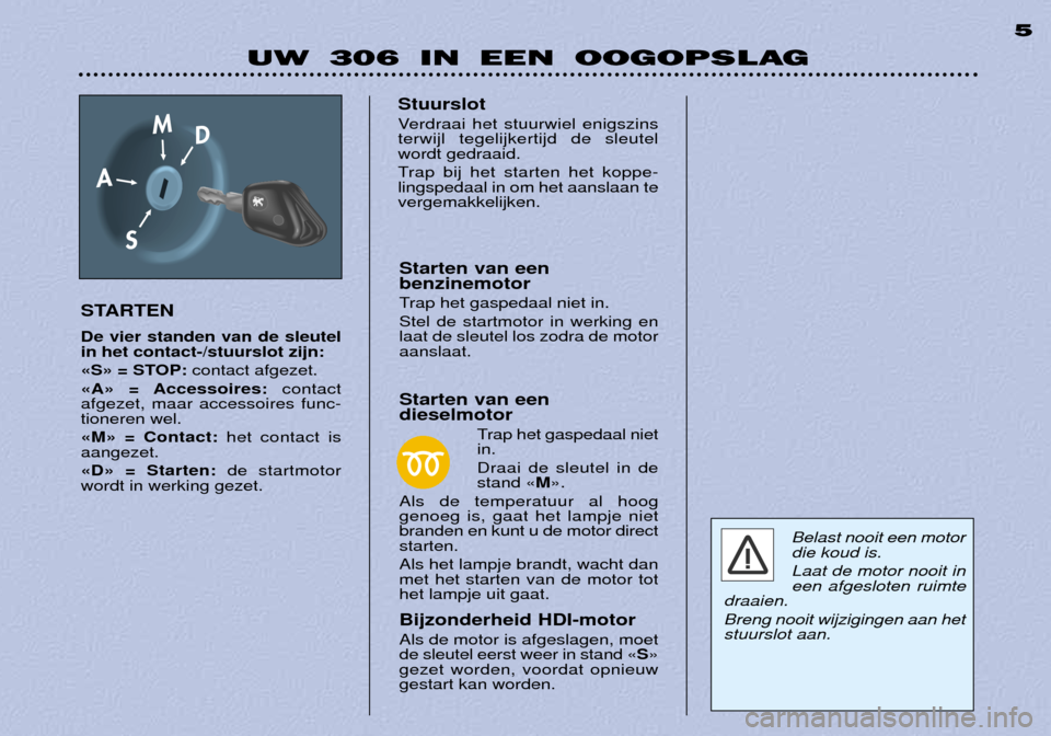 Peugeot 306 Break 2002  Handleiding (in Dutch) UW 306 IN EEN OOGOPSLAG5
STARTEN De vier standen van de sleutel in het contact-/stuurslot zijn: 
ÇSÈ = STOP: contact afgezet.
ÇAÈ = Accessoires: contact
afgezet, maar accessoires func- tioneren we