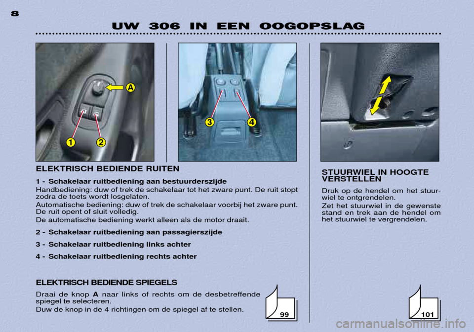 Peugeot 306 Break 2002 Handleiding (in Dutch) 12
34
A
ELEKTRISCH BEDIENDE RUITEN
1 - Schakelaar ruitbediening aan bestuurderszijde Handbediening: duw of trek de schakelaar tot het zware punt. De ruit stopt zodra de toets wordt losgelaten. Automa Peugeot 306 Break 2002 Handleiding (in Dutch) 12
34
A
ELEKTRISCH BEDIENDE RUITEN
1 - Schakelaar ruitbediening aan bestuurderszijde Handbediening: duw of trek de schakelaar tot het zware punt. De ruit stopt zodra de toets wordt losgelaten. Automa
